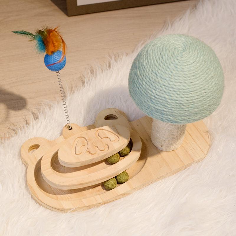 Interactive wooden cat scratcher maze toy with solid wood balls and turntable design — view 4