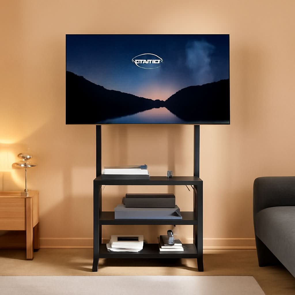 Black rolling TV stand with adjustable mounting rail, three storage shelves, and lockable caster wheels