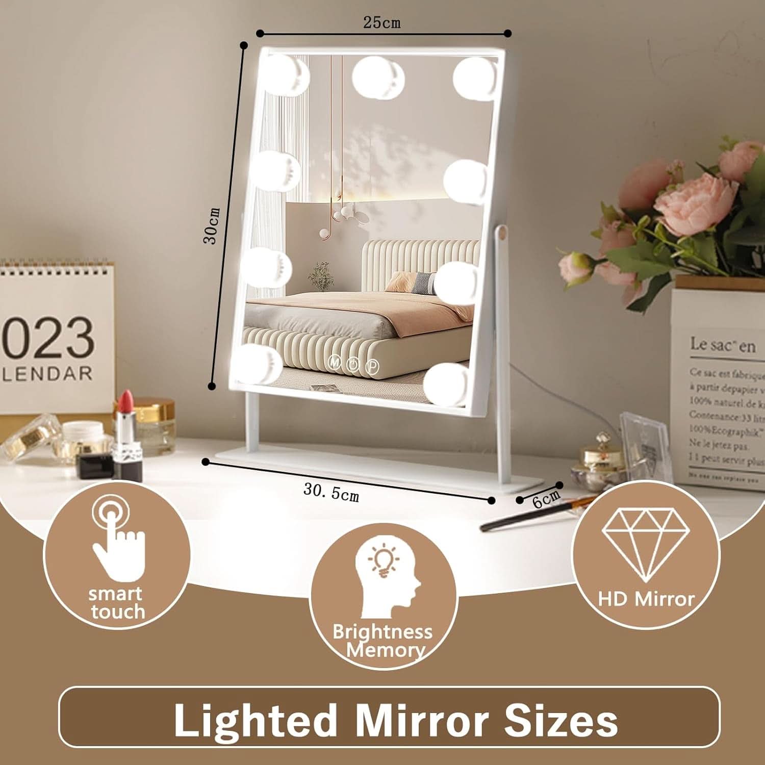 Lighted 12x10 tabletop vanity mirror with 9 LED bulbs, aluminum frame, and 10x magnifying attachment — view 4