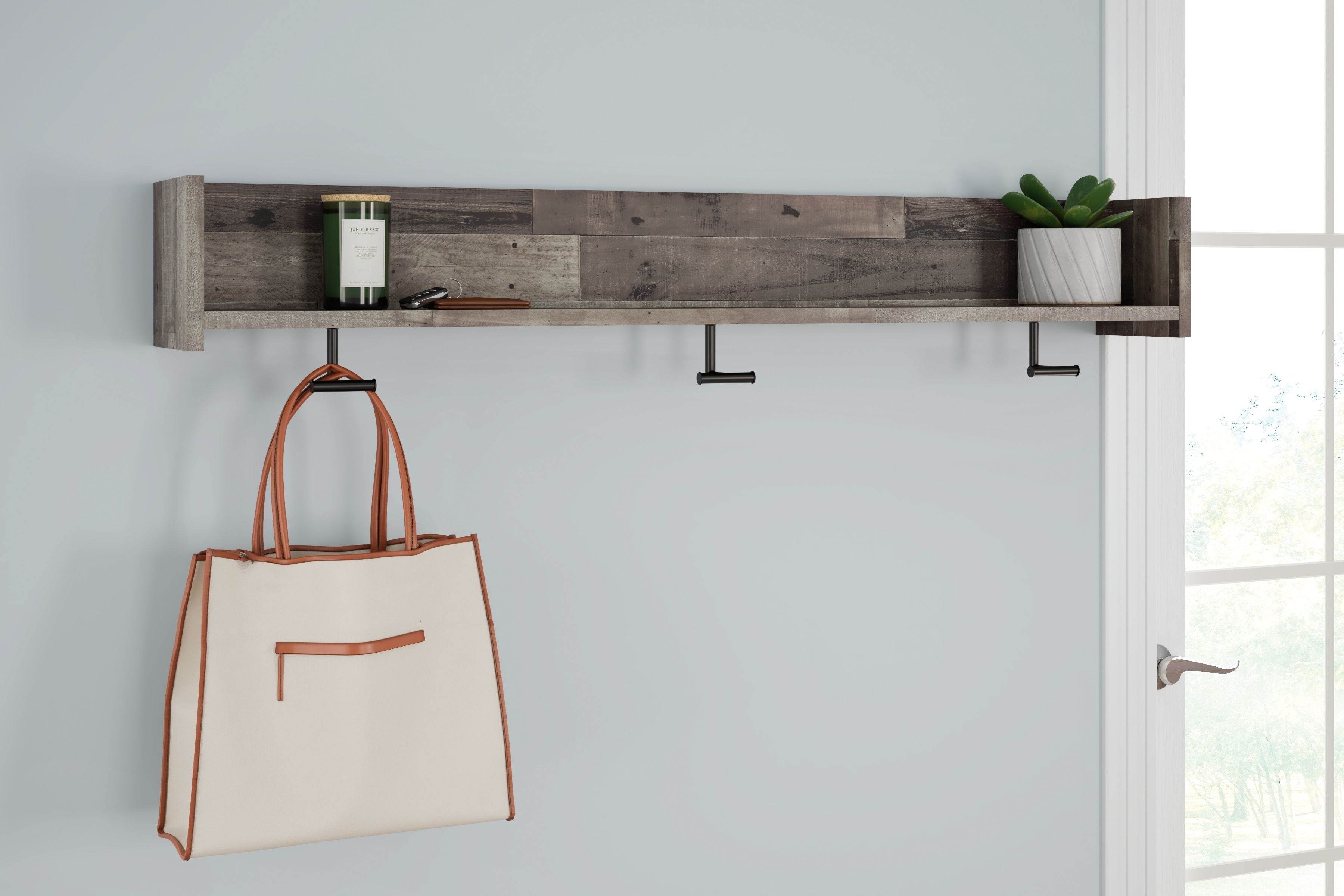Minimalist wall-mounted coat rack featuring a top display shelf and three heavy-duty hooks — view 4