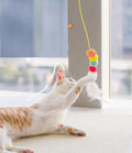 Interactive swing cat toy with bouncing polyester ball, elastic rope, and natural feather attachments