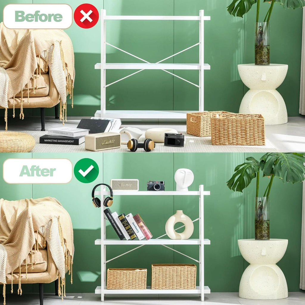 3-tier white bookshelf with metal frame and open MDF shelving for home office storage — view 4
