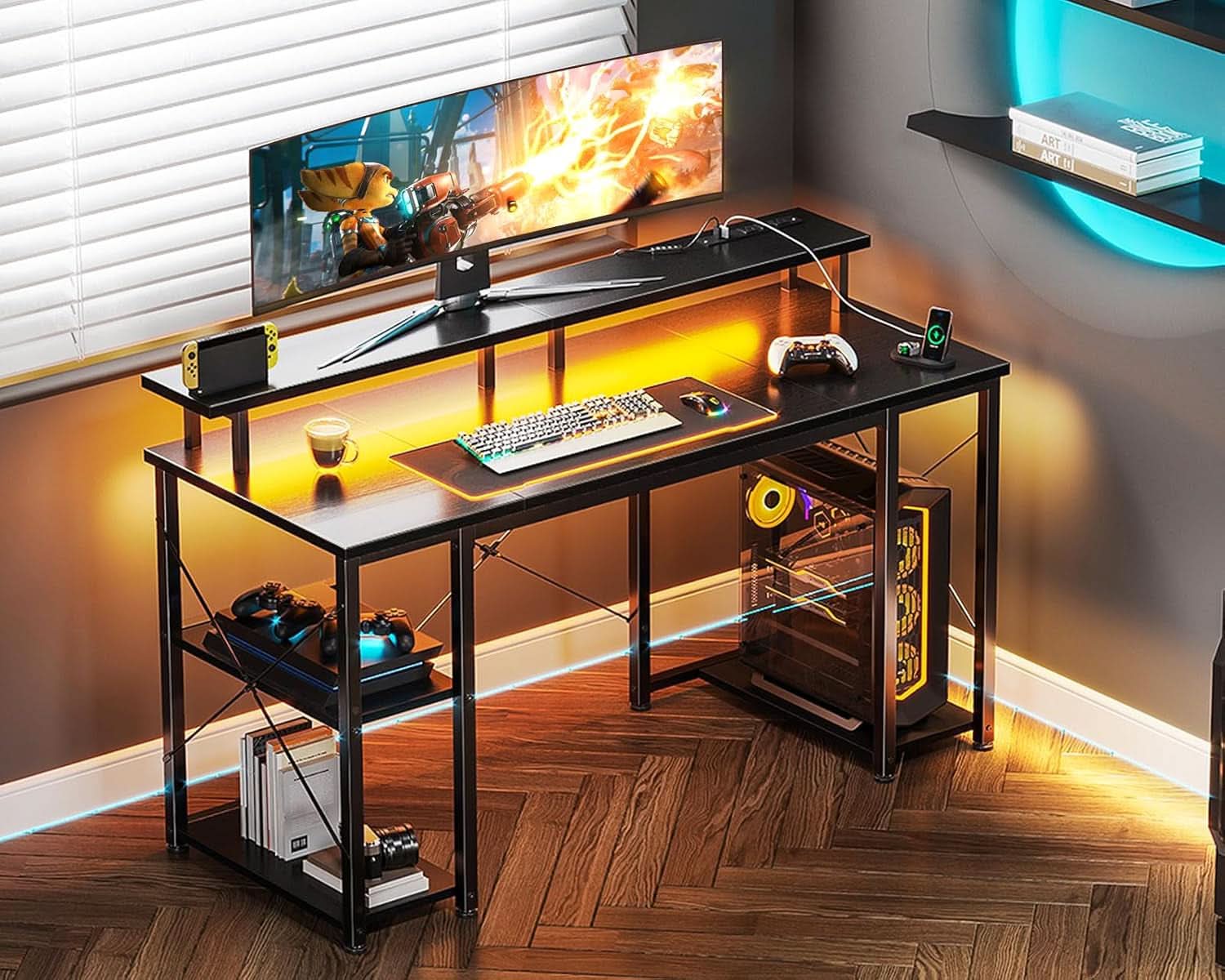 Sleek 48-inch black LED gaming desk with dual monitor stand, shelves, and built-in USB ports — view 2