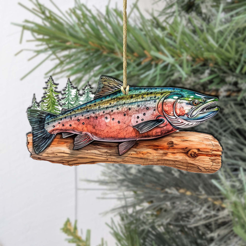 Sockeye salmon wooden ornament crafted from birch plywood with detailed wildlife artwork for holiday trees — view 2