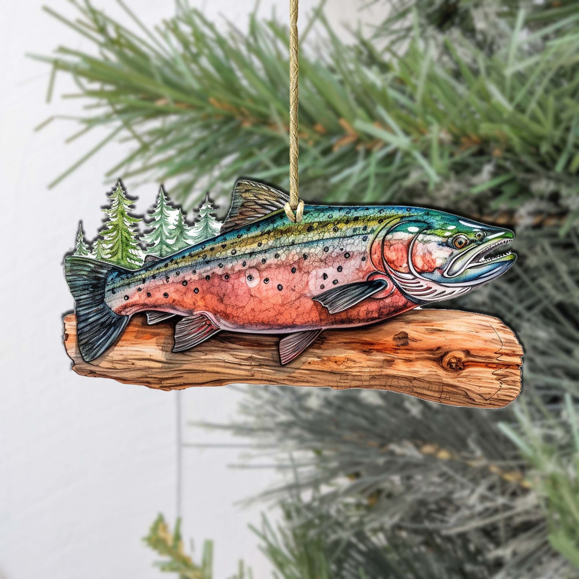 Sockeye salmon wooden ornament crafted from birch plywood with detailed wildlife artwork for holiday trees — view 2