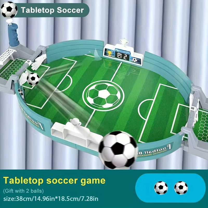 Green plastic dual player tabletop soccer board game with mini footballs for kids and family. — view 5