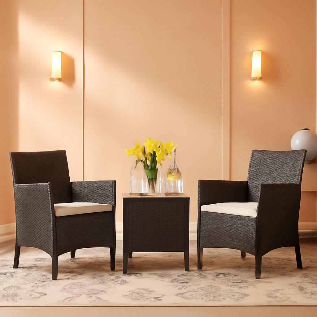 Brown 3-piece PE rattan patio furniture set with two cushioned chairs and a glass top table
