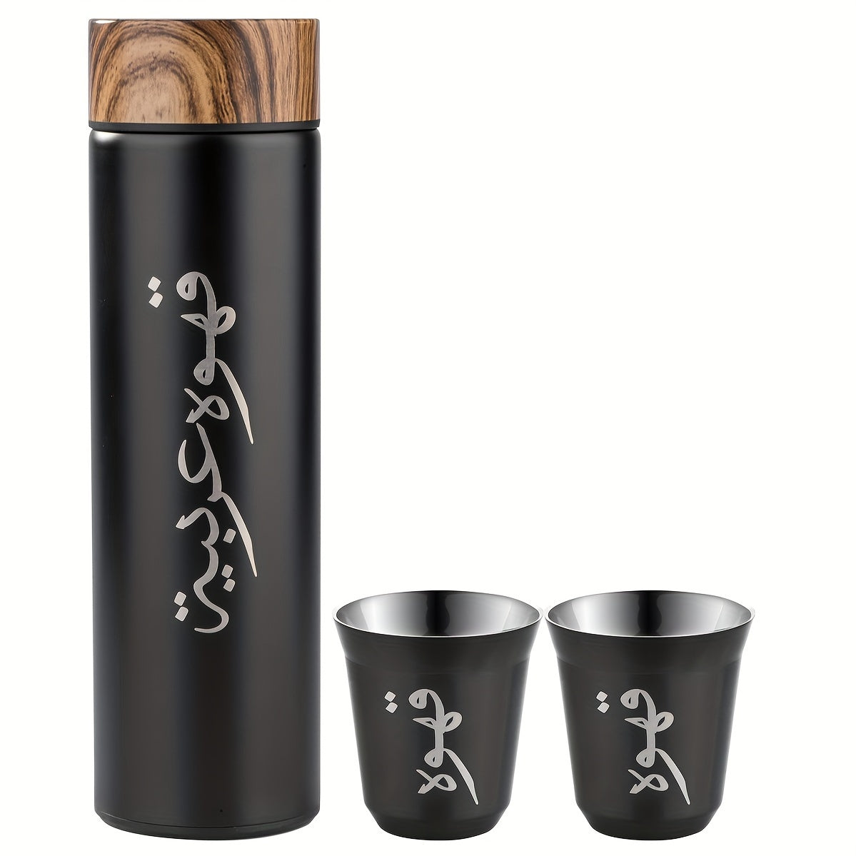 Black insulated coffee gift set with 400ml stainless steel travel flask, wood lid, and two cups — view 4