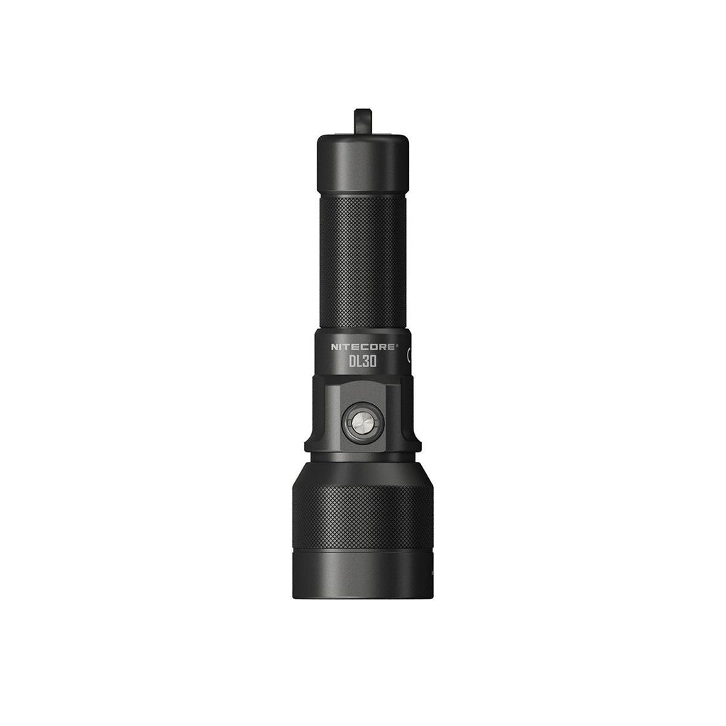 Nitecore DL30 submersible dive light in black aluminum with wrist lanyard and diffuser — view 2