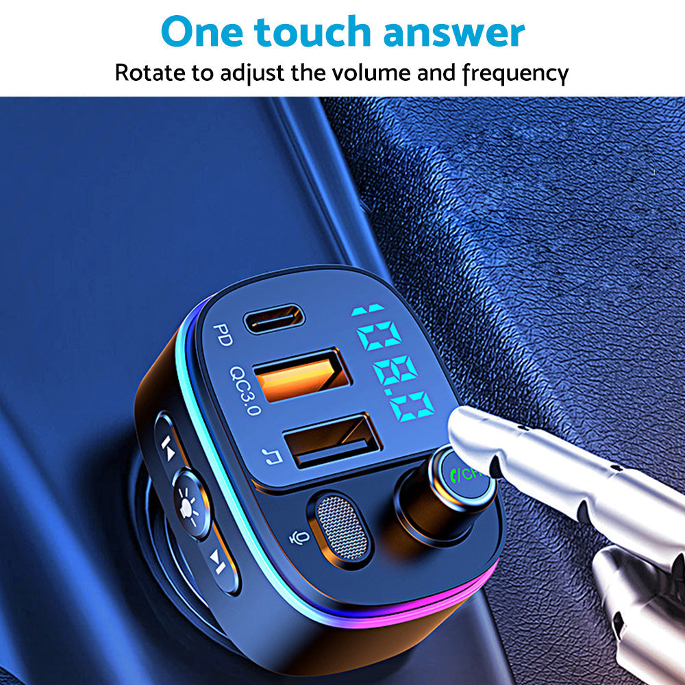 Black wireless Bluetooth FM transmitter car adapter with digital display and LED ring light. — view 4