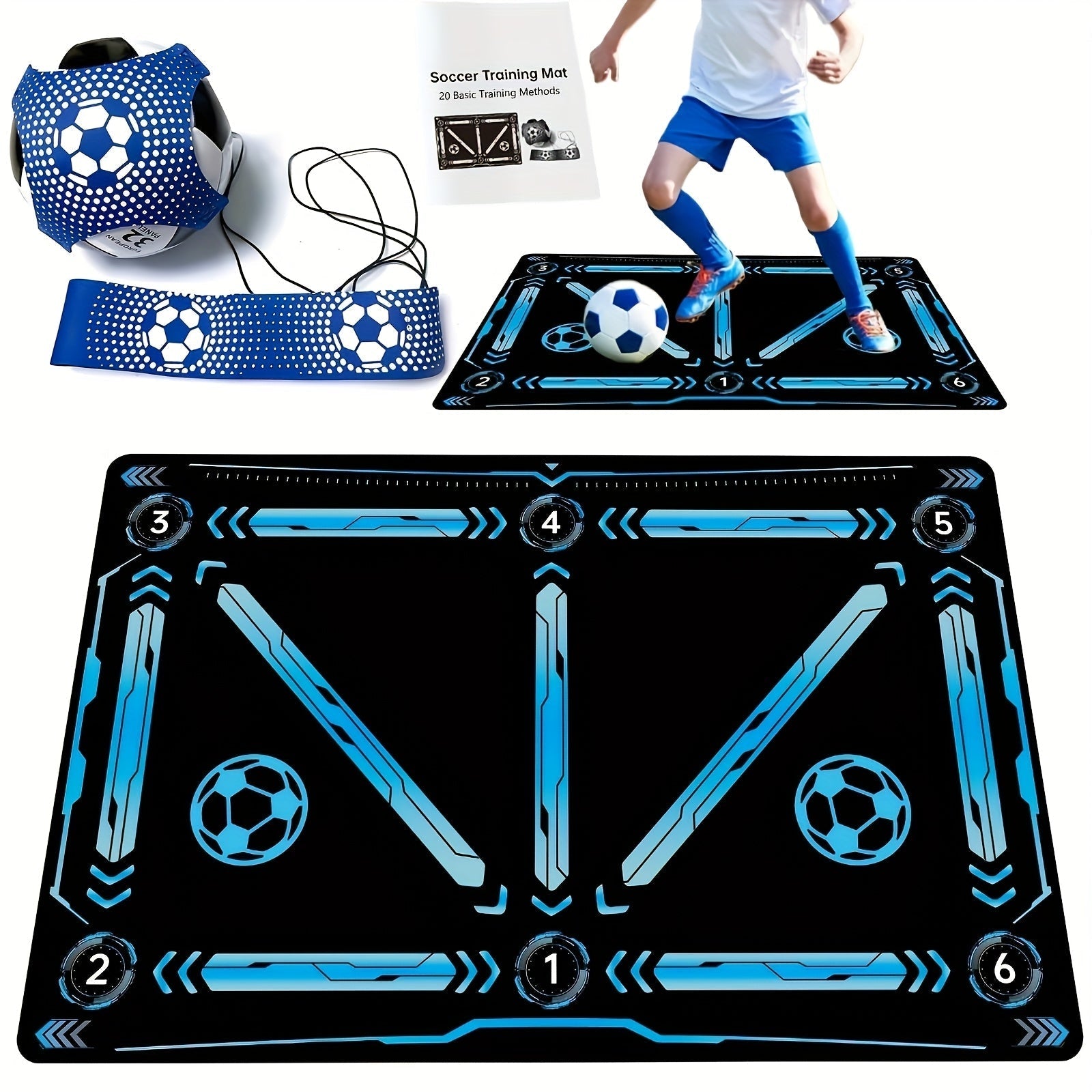 Blue diatomite soccer training mat with numbered directional guides for footwork and agility drills — view 2