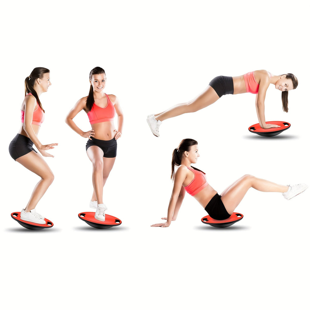 Red advanced yoga balance board with textured non-slip surface and stabilizing feet for core fitness training — view 3