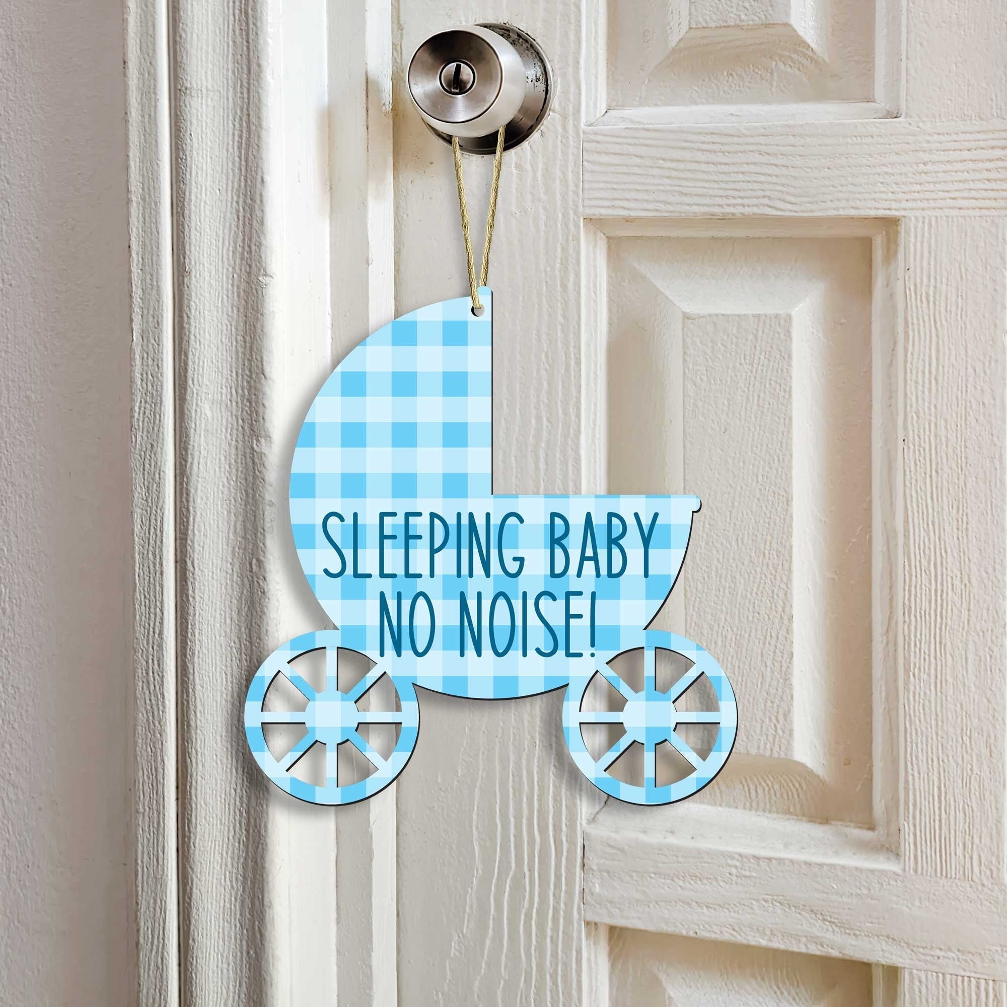 Handcrafted sleeping baby carriage doorbell sign with rustic hanging rope for front doors and nurseries