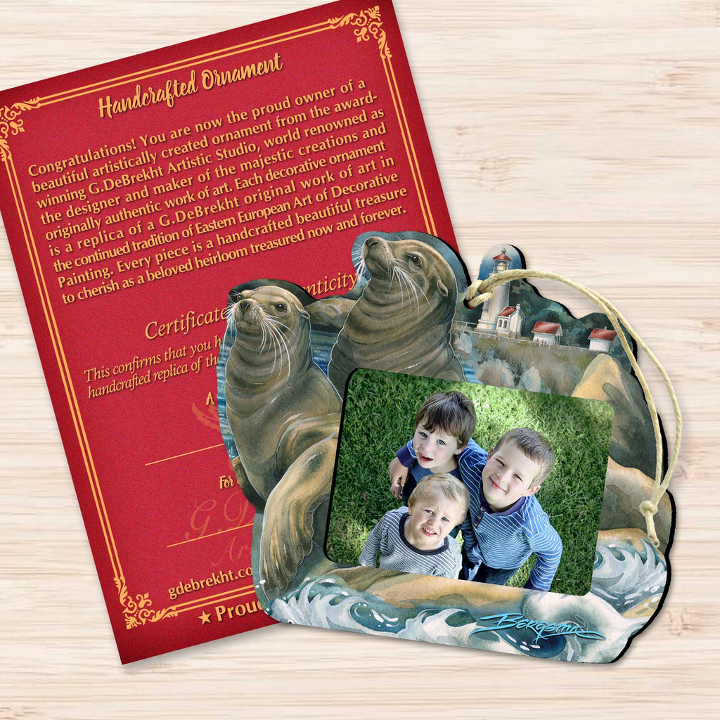 Wooden sea lions and lighthouse picture frame ornament with coastal art for holiday tree decor — view 2