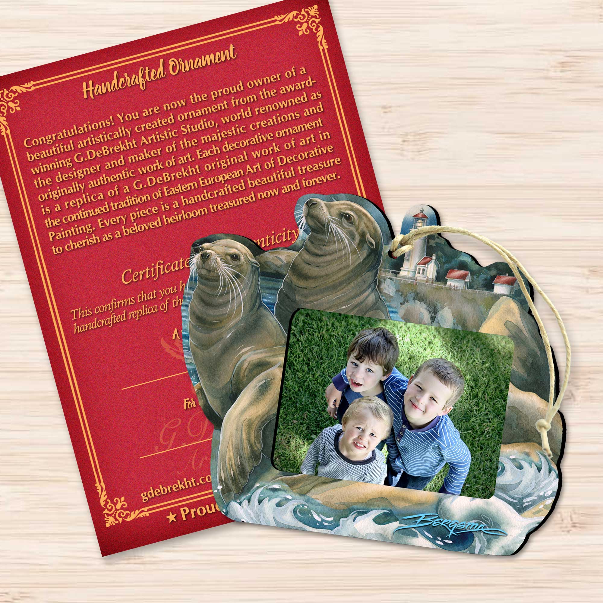 Wooden sea lions and lighthouse picture frame ornament with coastal art for holiday tree decor — view 2
