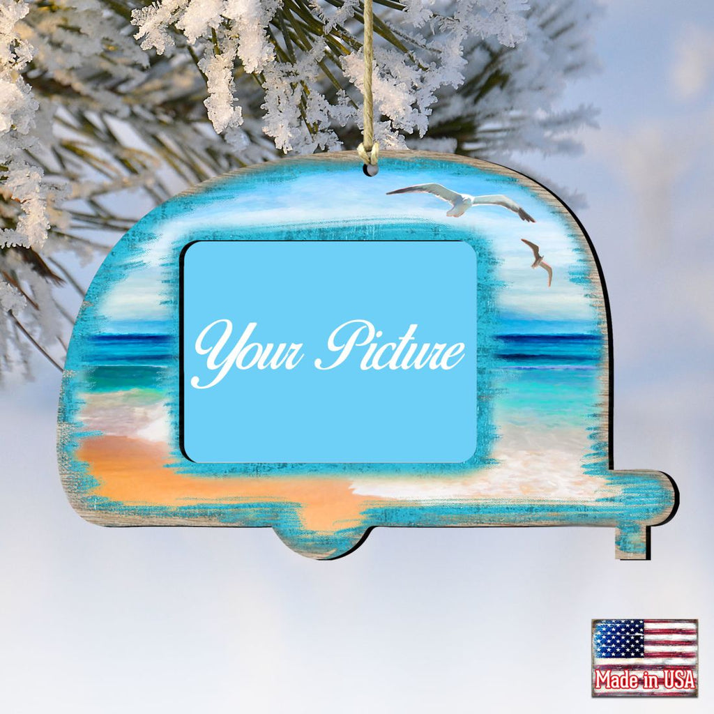 Handcrafted wooden coastal camper picture frame ornament holding a photograph for holiday tree decoration — view 2