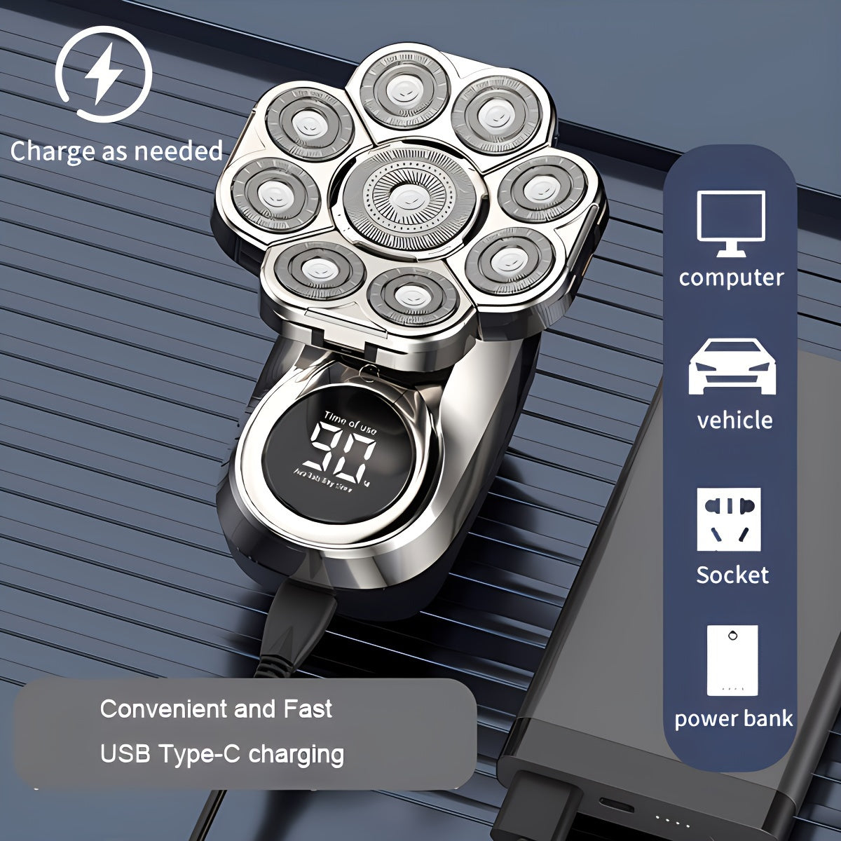 Black 6-in-1 electric shaver grooming kit with interchangeable trimming heads and USB charging cable — view 4