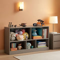 Grey five-section wooden kids bookshelf and toy organizer cabinet for playroom storage