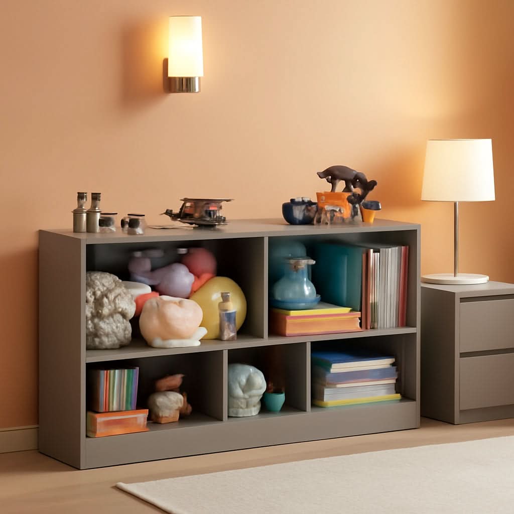 Grey five-section wooden kids bookshelf and toy organizer cabinet for playroom storage