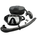 Black adult anti-fog snorkel set with tempered glass mask, dry tube, and protective storage box