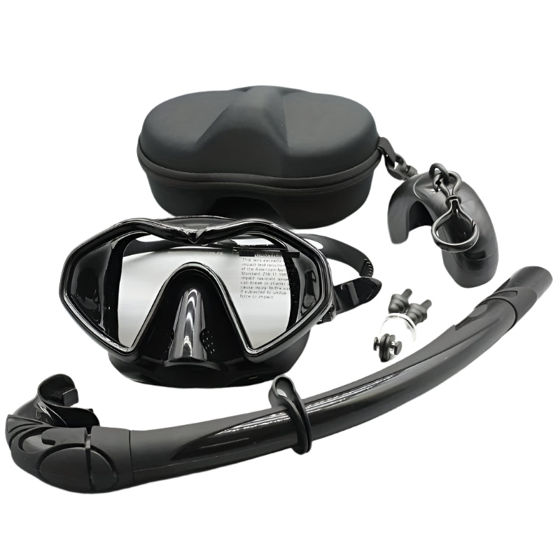 Black adult anti-fog snorkel set with tempered glass mask, dry tube, and protective storage box