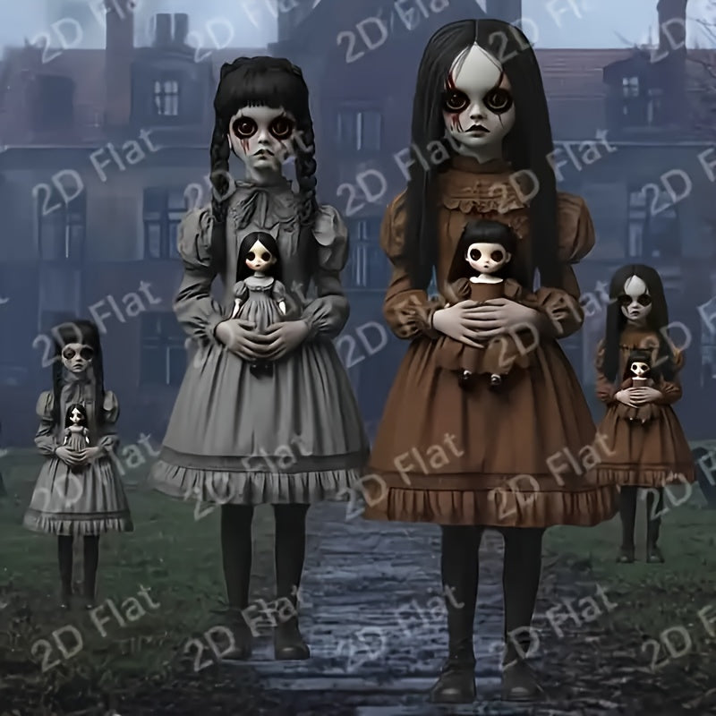 Gothic horror girl yard decor set featuring two spooky 2D flat silhouette dolls on poles — view 3