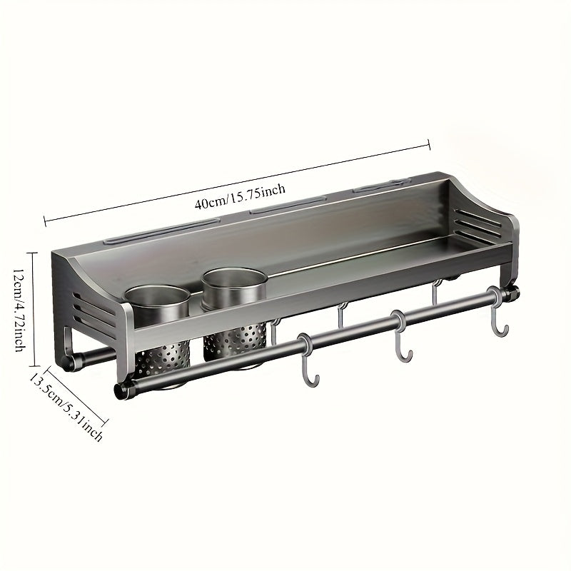 Bronze wall-mounted stainless steel kitchen storage rack with utensil cups, knife slots, and hanging hooks. — view 5