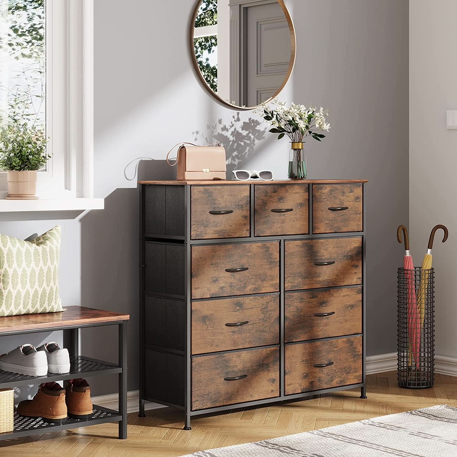 Dark grey 9-drawer fabric dresser with natural wood top and sturdy black steel frame. — view 4