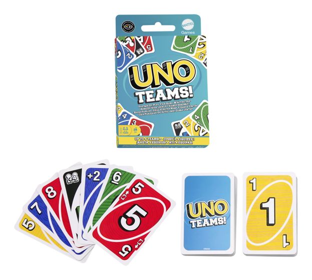 UNO Teams card game box and cards featuring vibrant colors and teamwork gameplay mechanics
