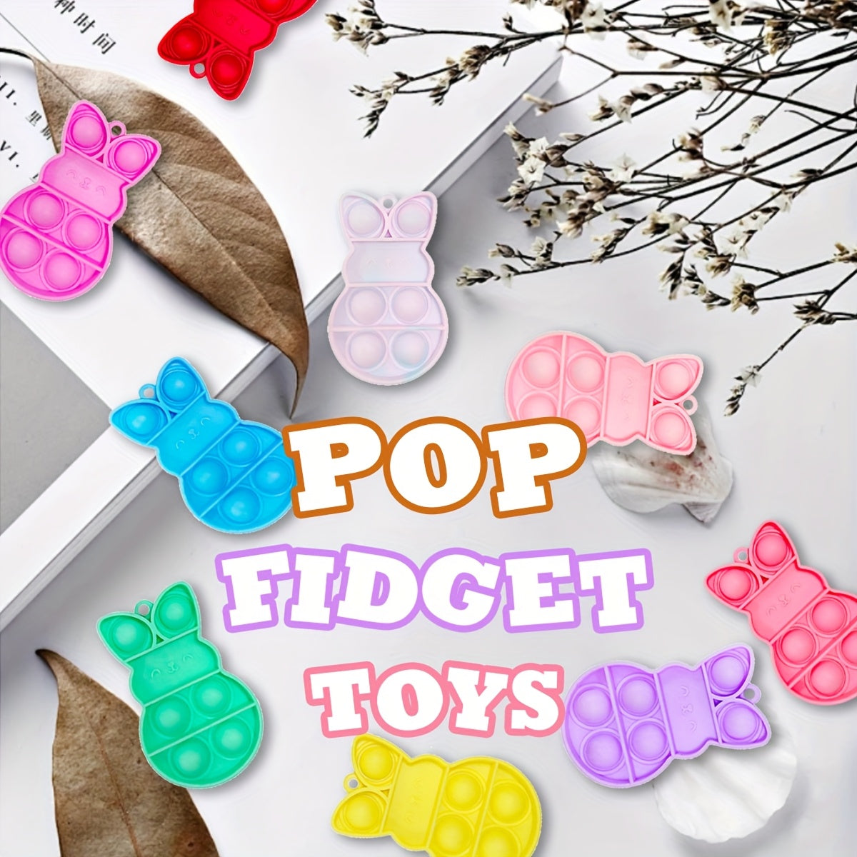 24 pack of assorted colorful rubber Easter bunny pop fidget toy keychains with metal rings — view 3