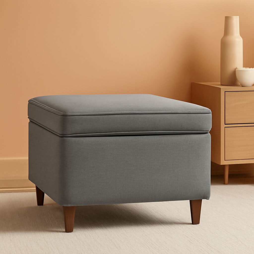24 inch gray fabric hidden storage ottoman with hinged lid and dark walnut wood legs