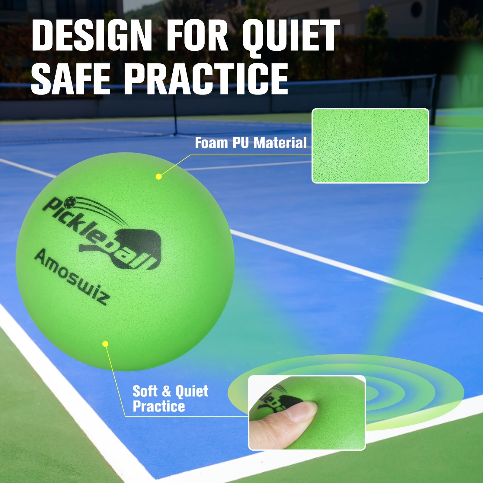 Six green foam training pickleballs arranged in a white mesh storage bag for indoor practice — view 2