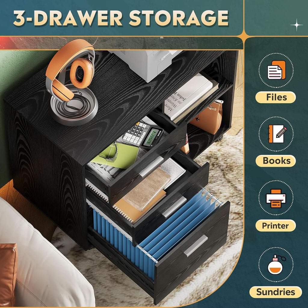 Black wood mobile 3-drawer file cabinet and printer stand with open shelves and rolling casters — view 4