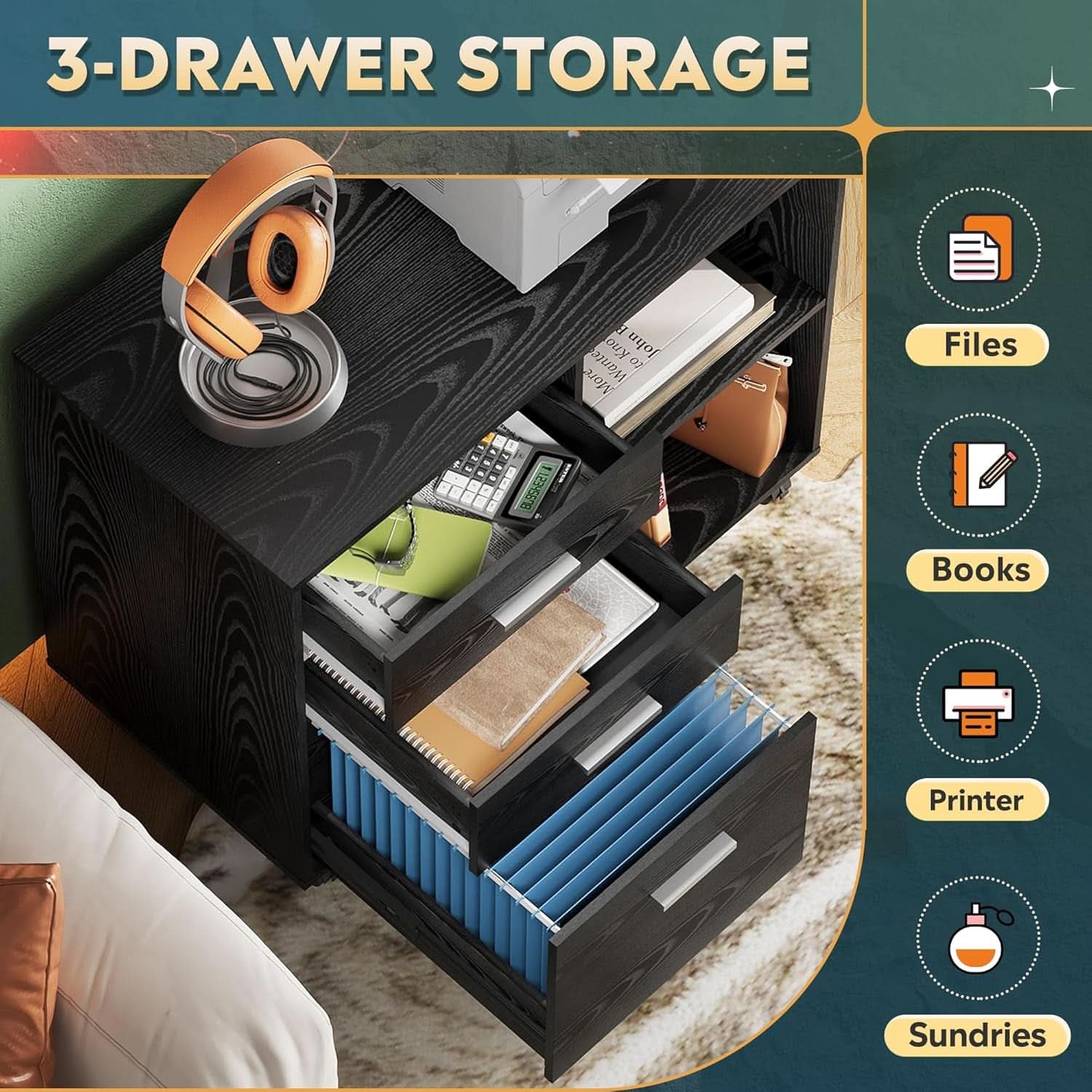 Black wood mobile 3-drawer file cabinet and printer stand with open shelves and rolling casters — view 4