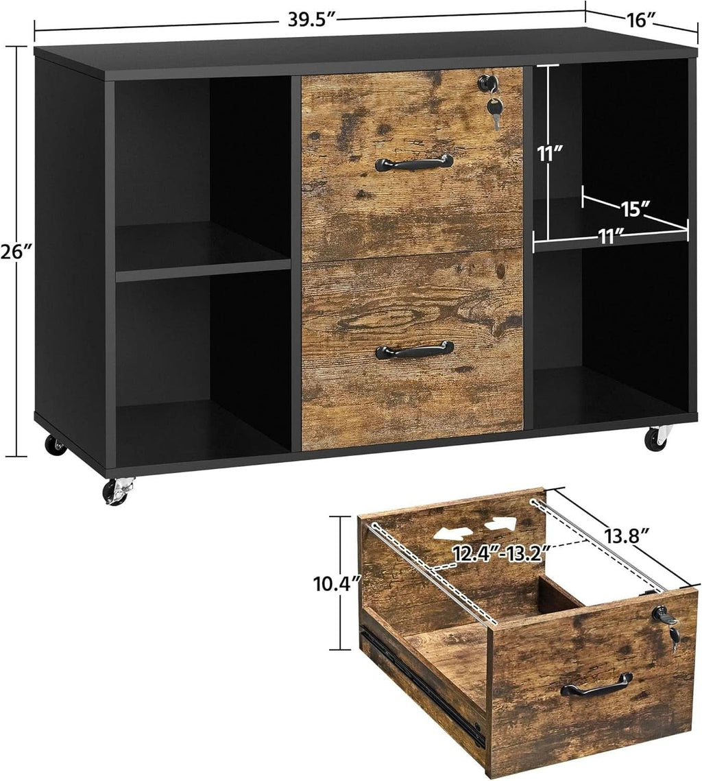 Black and rustic brown 2-drawer lateral filing cabinet with rolling castors and open compartments — view 3