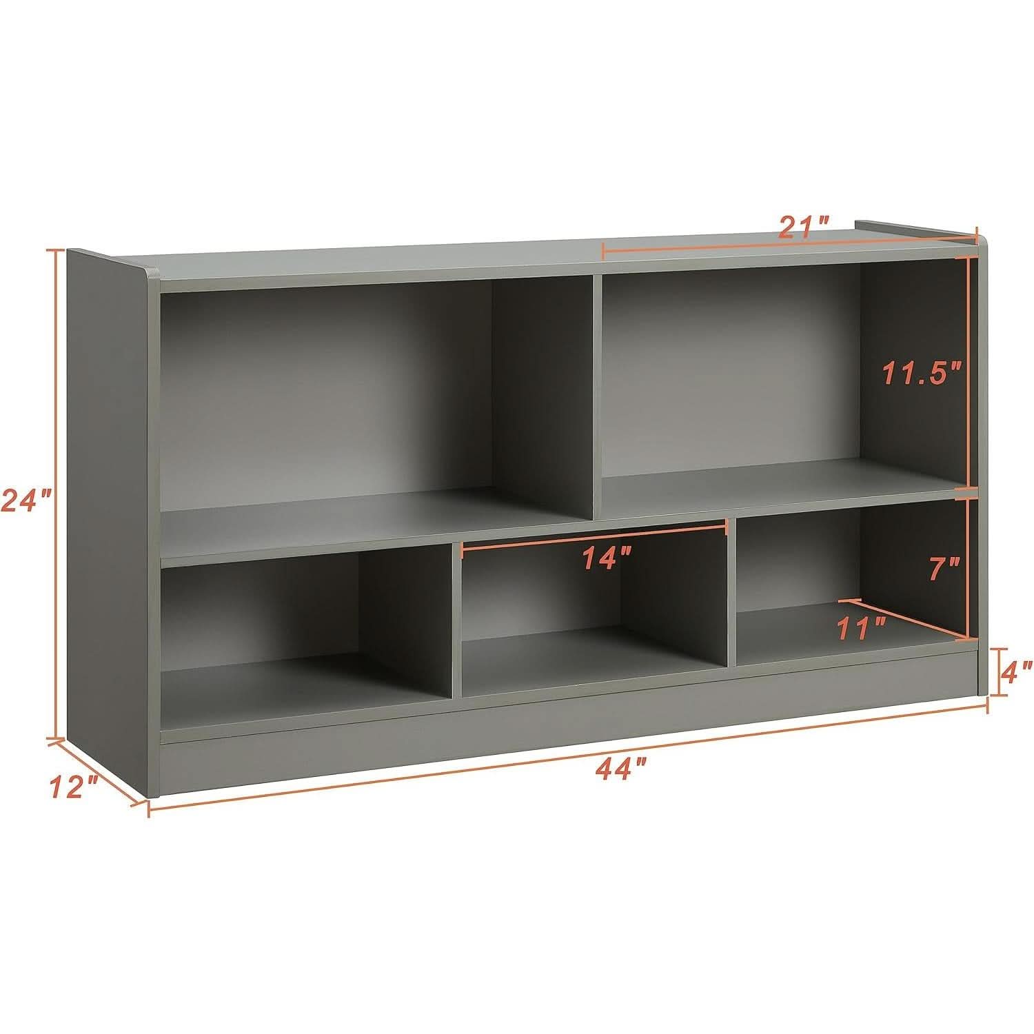 Grey five-section wooden kids bookshelf and toy organizer cabinet for playroom storage — view 2