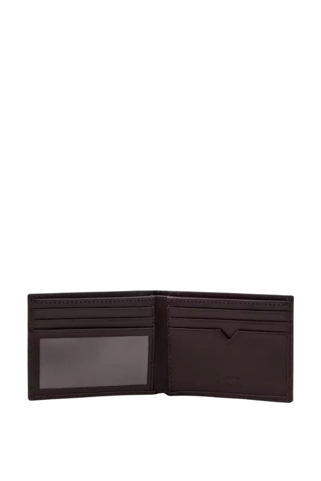 Men's black full-grain leather bifold wallet with embossed logo and interior card slots — view 2