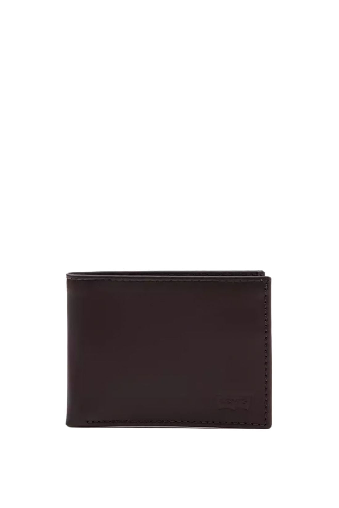 Men's black full-grain leather bifold wallet with embossed logo and interior card slots