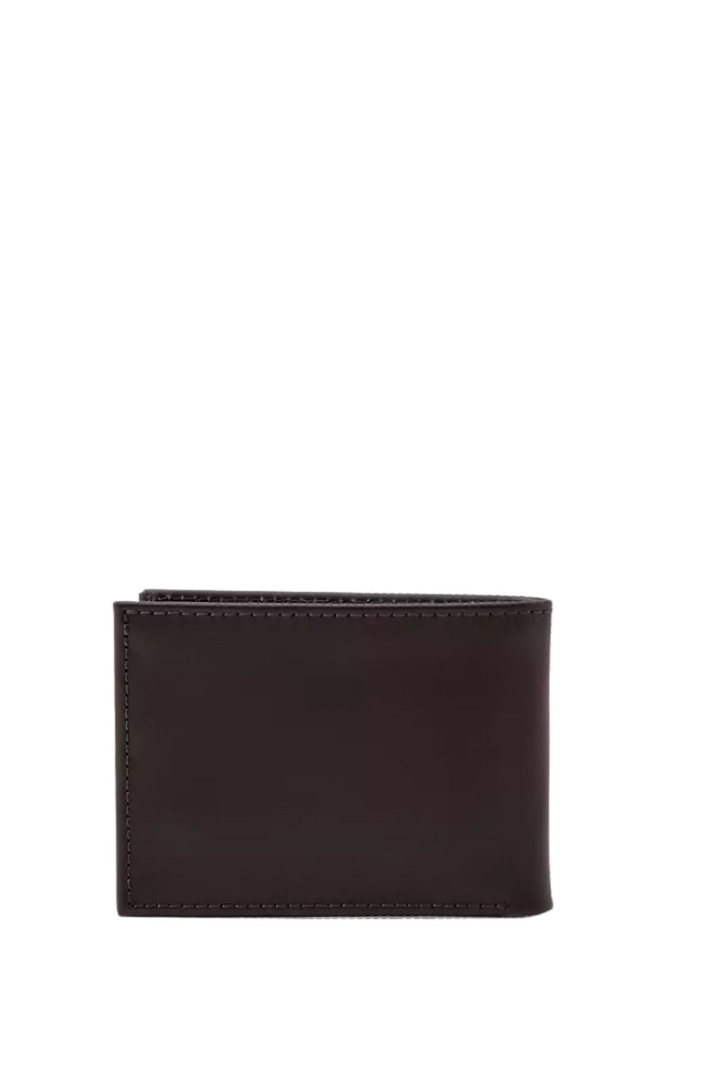 Men's black full-grain leather bifold wallet with embossed logo and interior card slots — view 3