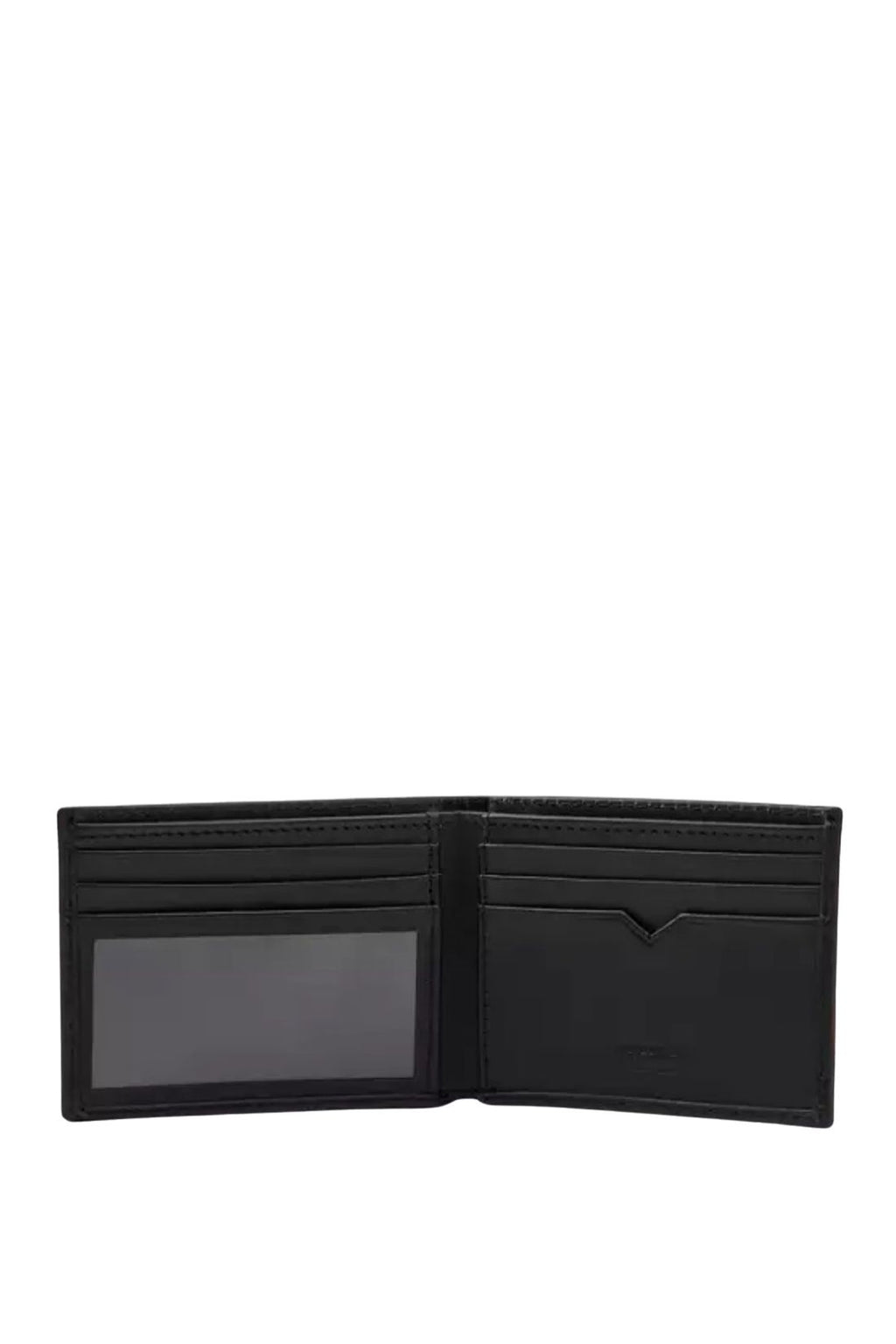 Men's black full-grain leather bifold wallet with embossed logo and interior card slots — view 8