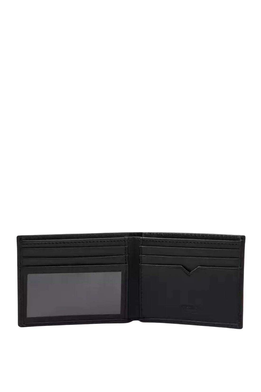 Men's black full-grain leather bifold wallet with embossed logo and interior card slots — view 8