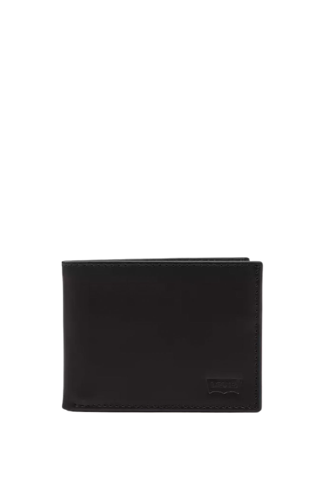Men's black full-grain leather bifold wallet with embossed logo and interior card slots — view 7