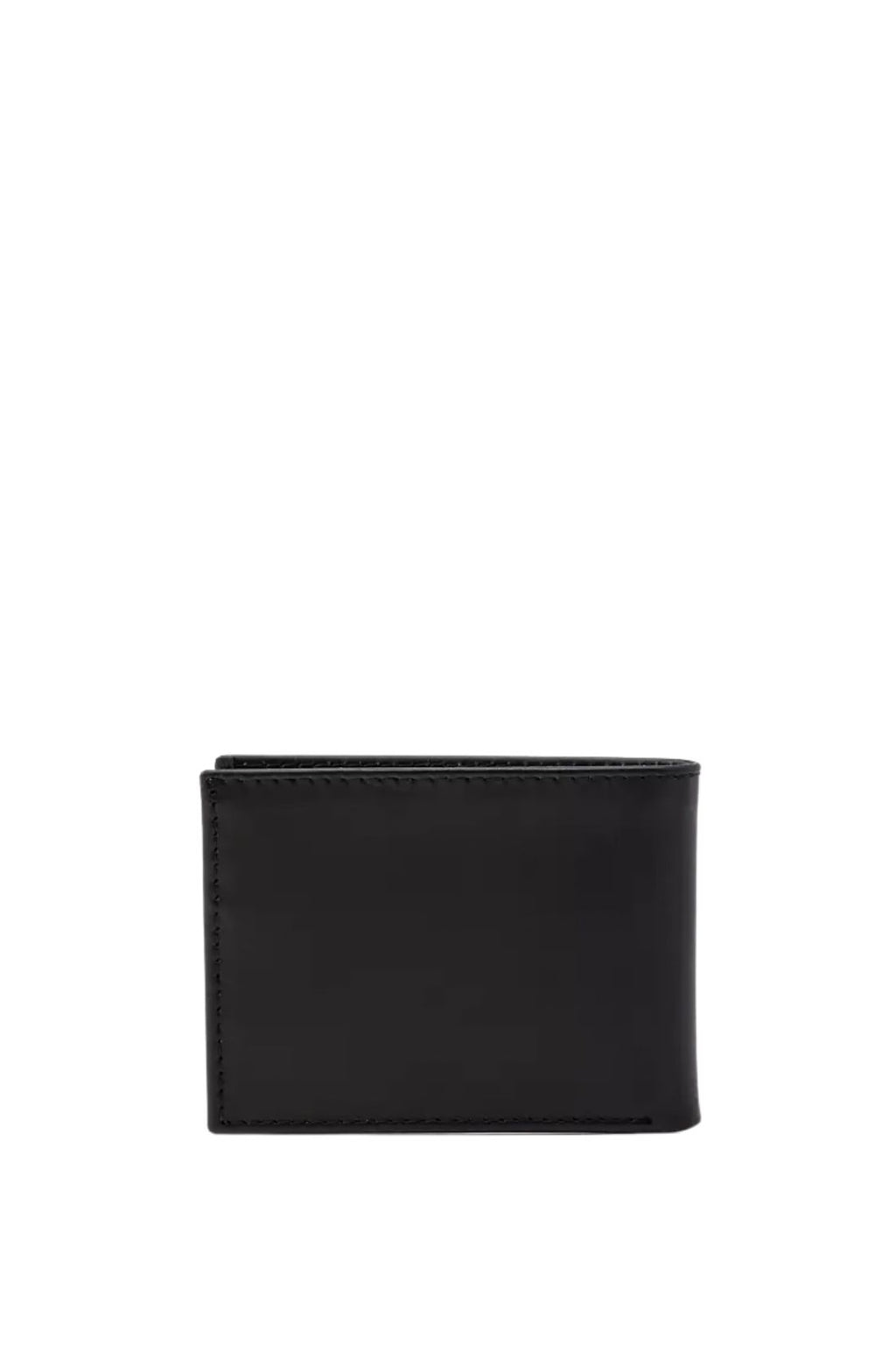 Men's black full-grain leather bifold wallet with embossed logo and interior card slots — view 9