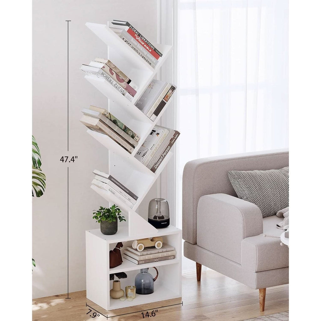 White 6-tier tree bookshelf with storage cabinets, narrow floor-standing bookcase for living rooms. — view 3