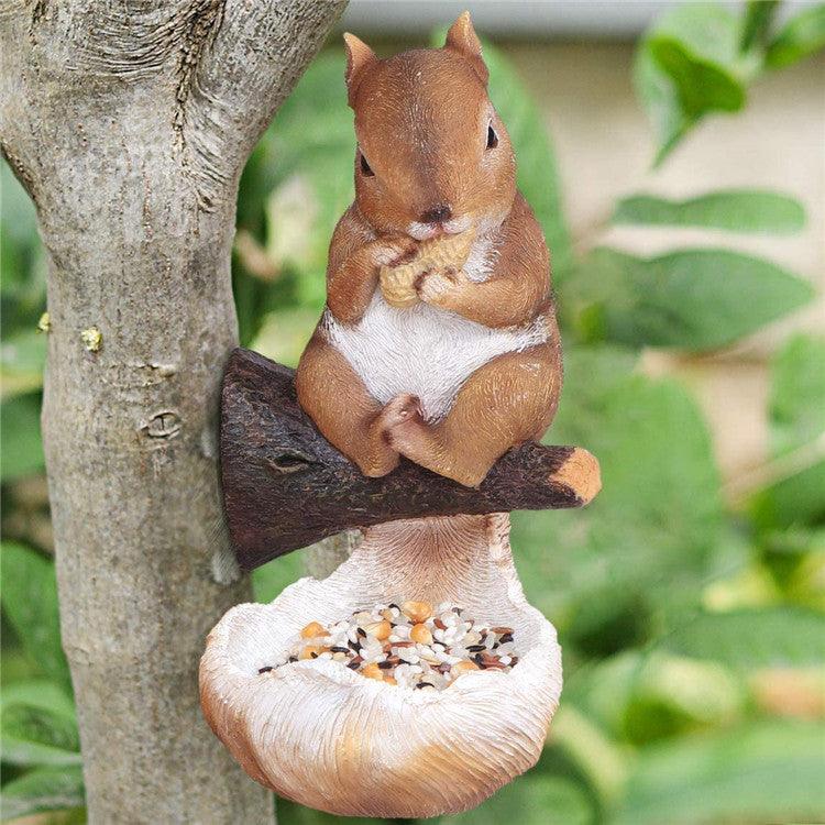 Rustic woodland squirrel bird feeder crafted from weather-resistant resin for outdoor backyard garden decor. — view 5