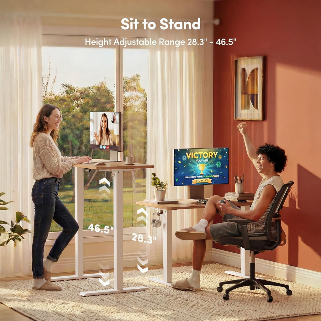 32-inch electric adjustable standing desk with a maple wood top and sturdy black steel frame — view 5