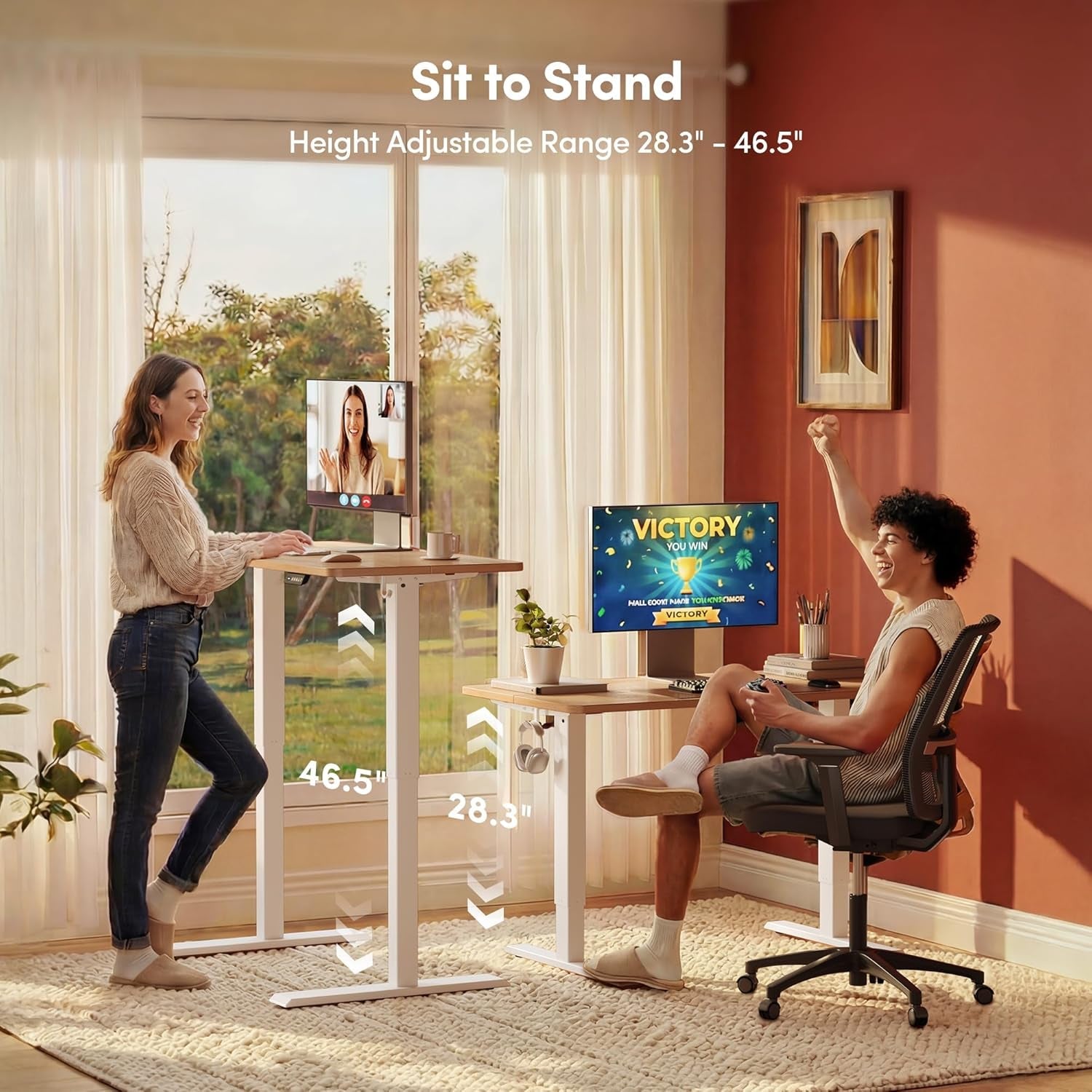32-inch electric adjustable standing desk with a maple wood top and sturdy black steel frame — view 5