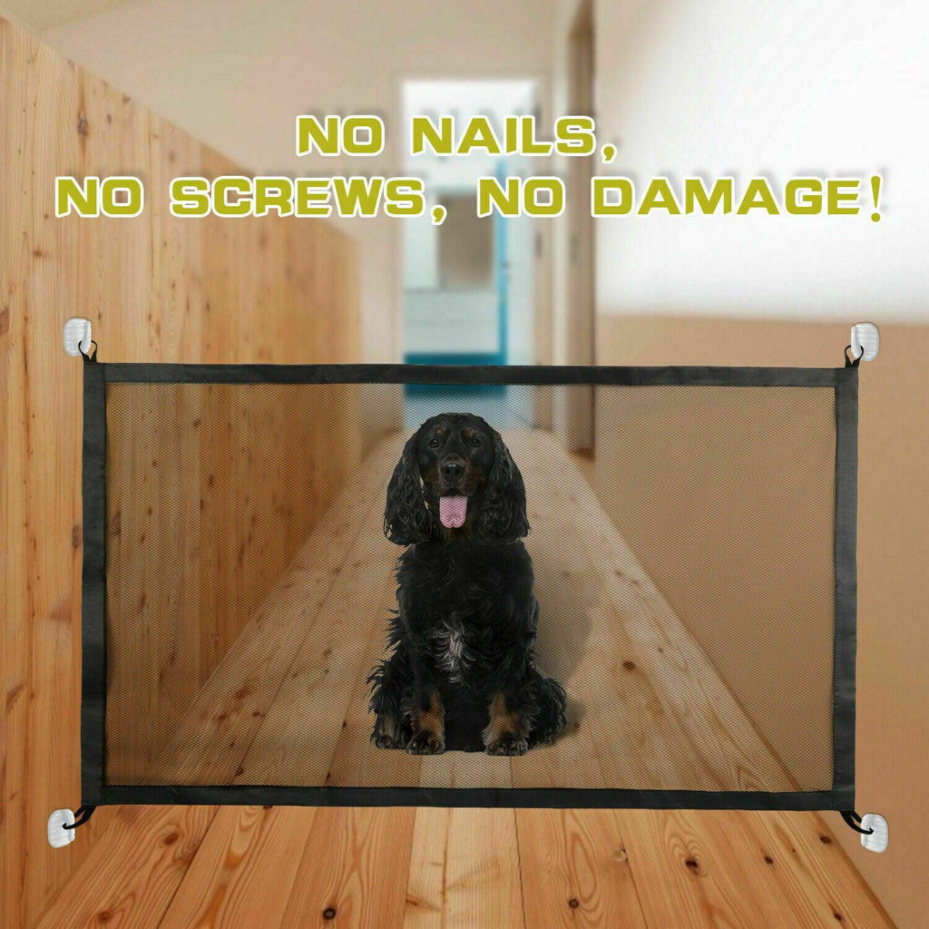 Portable mesh pet gate in black nylon fabric with stainless steel poles installed in a doorway — view 3