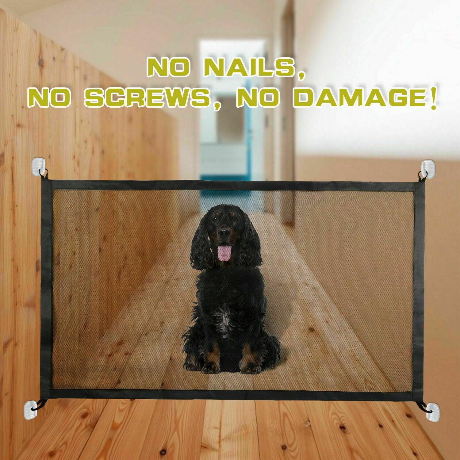 Portable mesh pet gate in black nylon fabric with stainless steel poles installed in a doorway — view 3