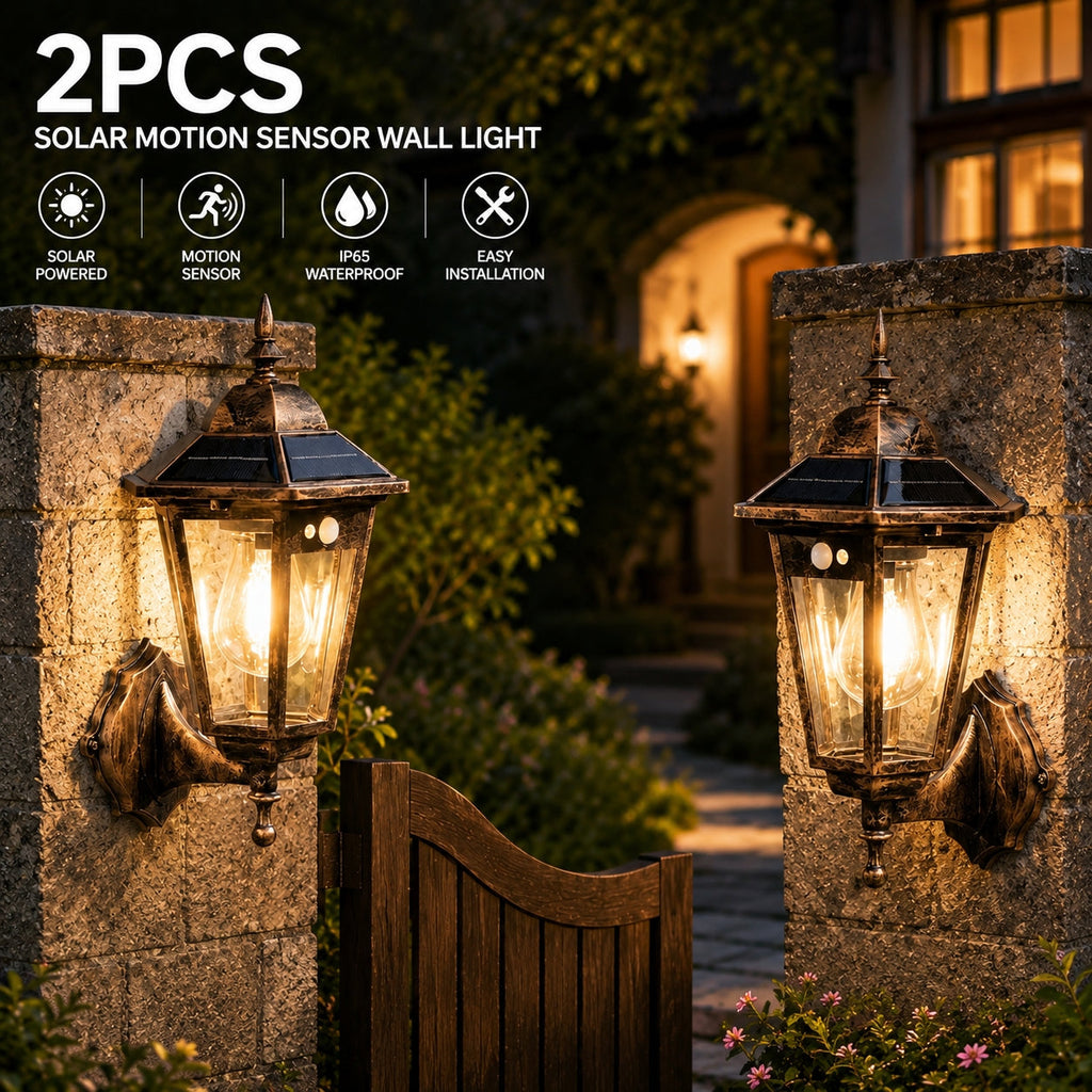 Antique bronze retro solar outdoor wall lights featuring traditional Victorian lantern design and motion sensors